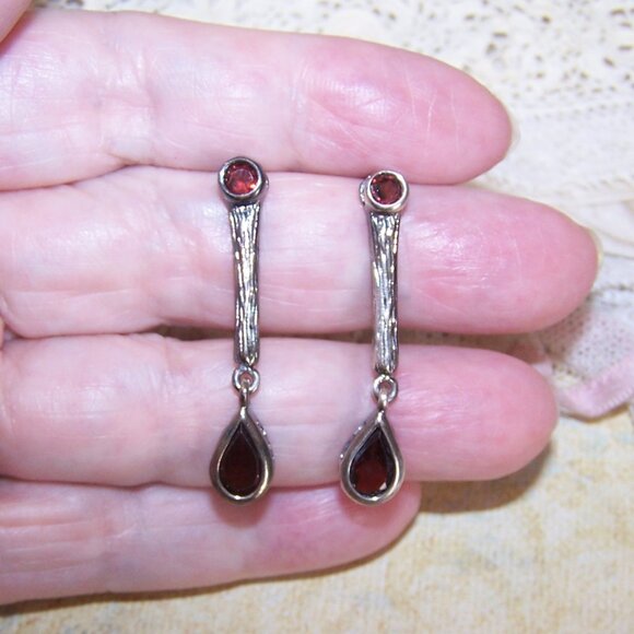 Vintage Sterling Silver Garnet Dangle Earrings - Posts with Nuts - Picture 8 of 9